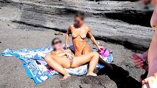 A girl without a swimsuit rubs herself and makes her boyfriend cum