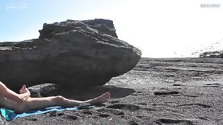 A girl without a swimsuit rubs herself and makes her boyfriend cum
