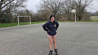 A girl has sex with a guy in the forest, she moans louder