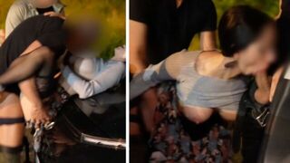 A woman has a sex experience in the car with strangers