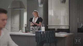 The girl is having fun with her boss at home in a steamy scene