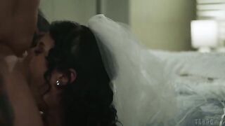 A brunette with a tattoo gets fucked painfully on the bed