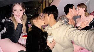 The couple has an accident and gets intimate in the backseat