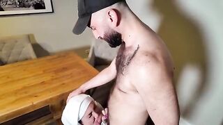 An 18-year-old girl is having fun with two muscular guys at a house