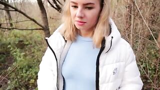 Petite teen Ava Monn risks getting caught for blowing a dick in the forest