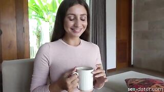 A hot brunette comes for tea and ends up with a cock in her mouth
