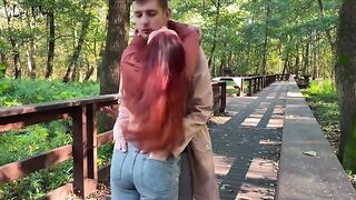 Babe fucked in public by a guy with an ass plug and his girlfriend