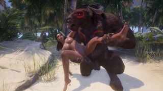 Busty girl gets her pussy railed by two horny monsters
