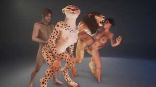 Furry girl mates with a man in a wild 3D scene